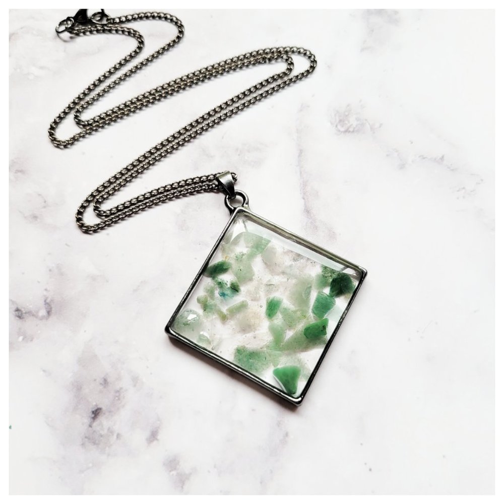 Jade and Fluorite Necklace Healing Crystals Large Geometric Bezel Resin Pendant